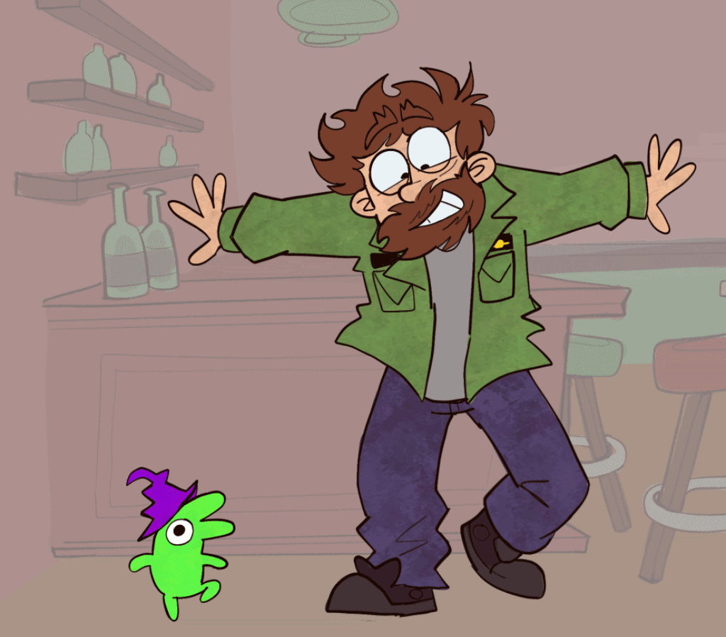 fan animation of characters from the show 'smiling friends' (left) and 'it's always sunny in philadelphia' (right)